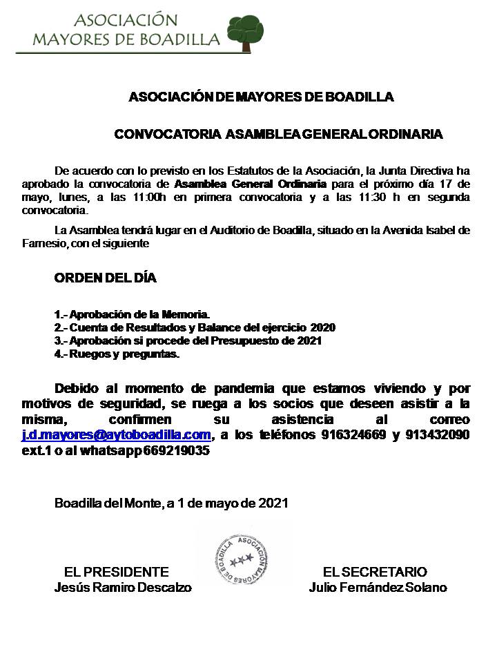 ASAMBLEA GENERAL ORDINARIA (17 MAYO 11:00 h, EN EL AUDITORIO)